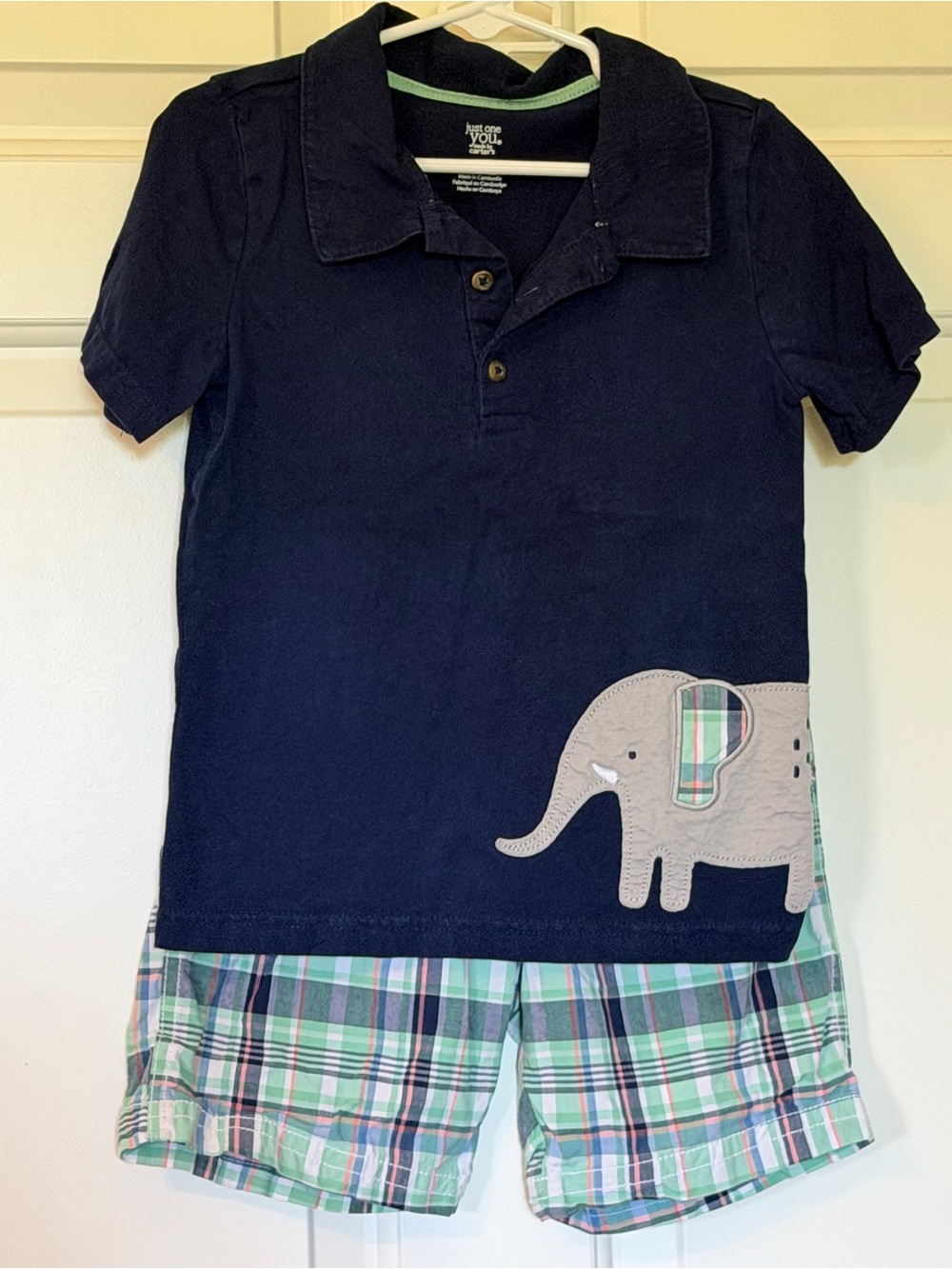 Carter's Navy Polo Top with Elephant Applique & Green Plaid Shorts